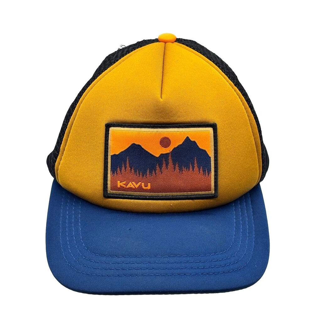 KAVU Foam Dome Mountain Sunset Patch Trucker Hat Snapback Yellow Blue Mesh